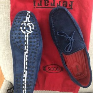 New Tod’s blue suede Ferrari driving shoes.